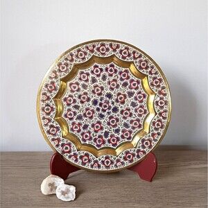 Vtg Hand Painted Enameled Persian Brass Plate Display Plate Floral Wall Decor